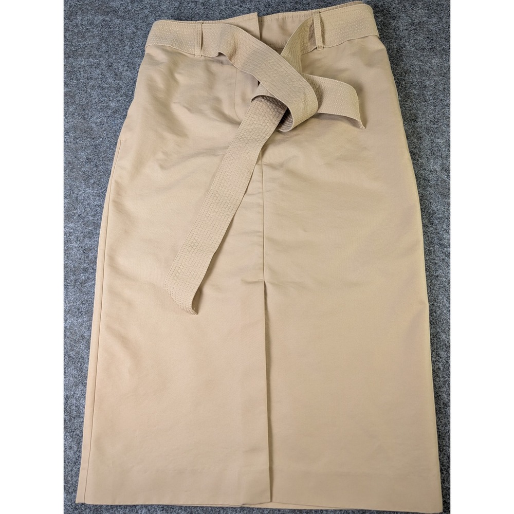 Talbots Petite Khaki Pencil Skirt with Tie Waist Tan Midi Slit Front 0P VN5457